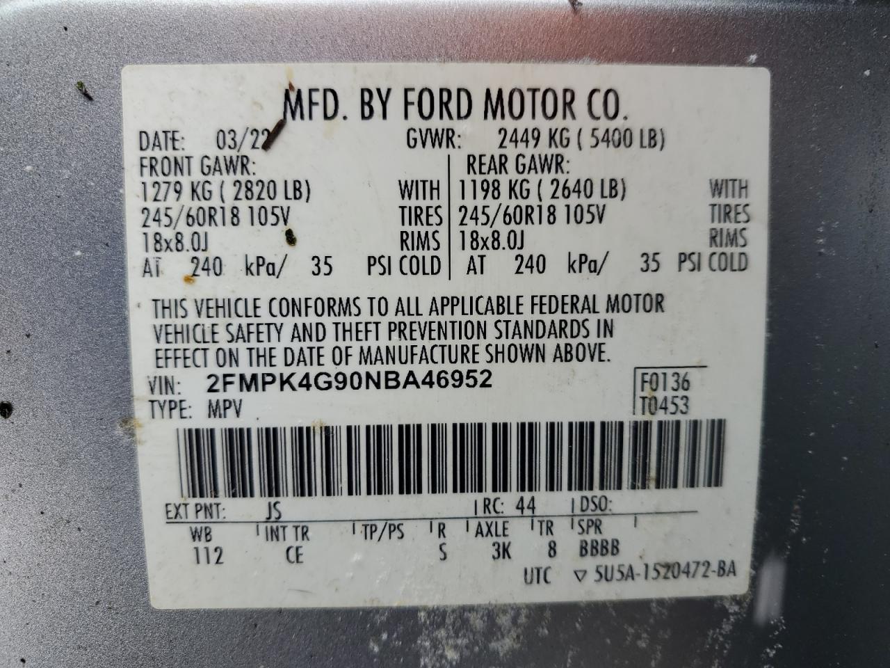 2022 FORD EDGE SE VIN:2FMPK4G90NBA46952