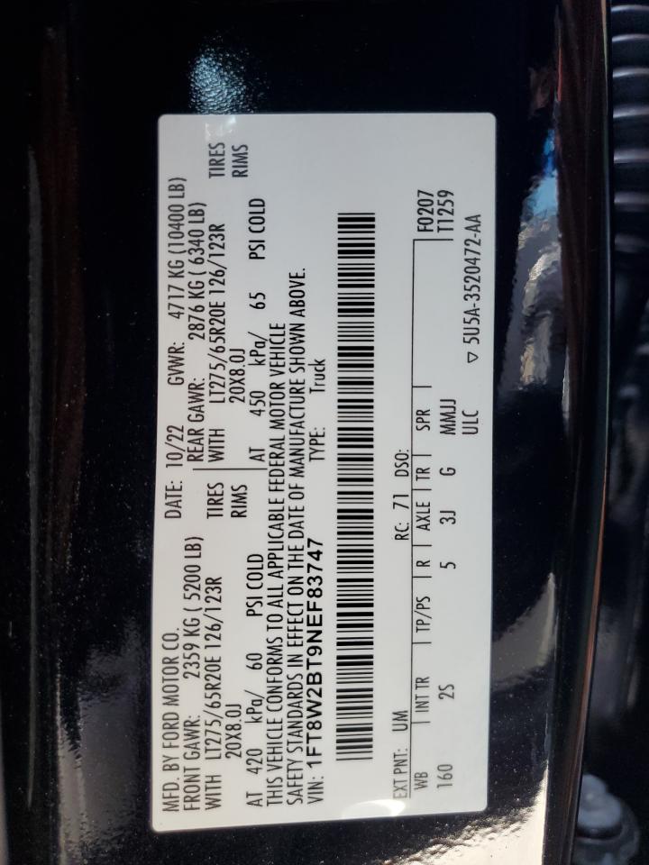 2022 FORD F250 SUPER DUTY VIN:1FT8W2BT9NEF83747