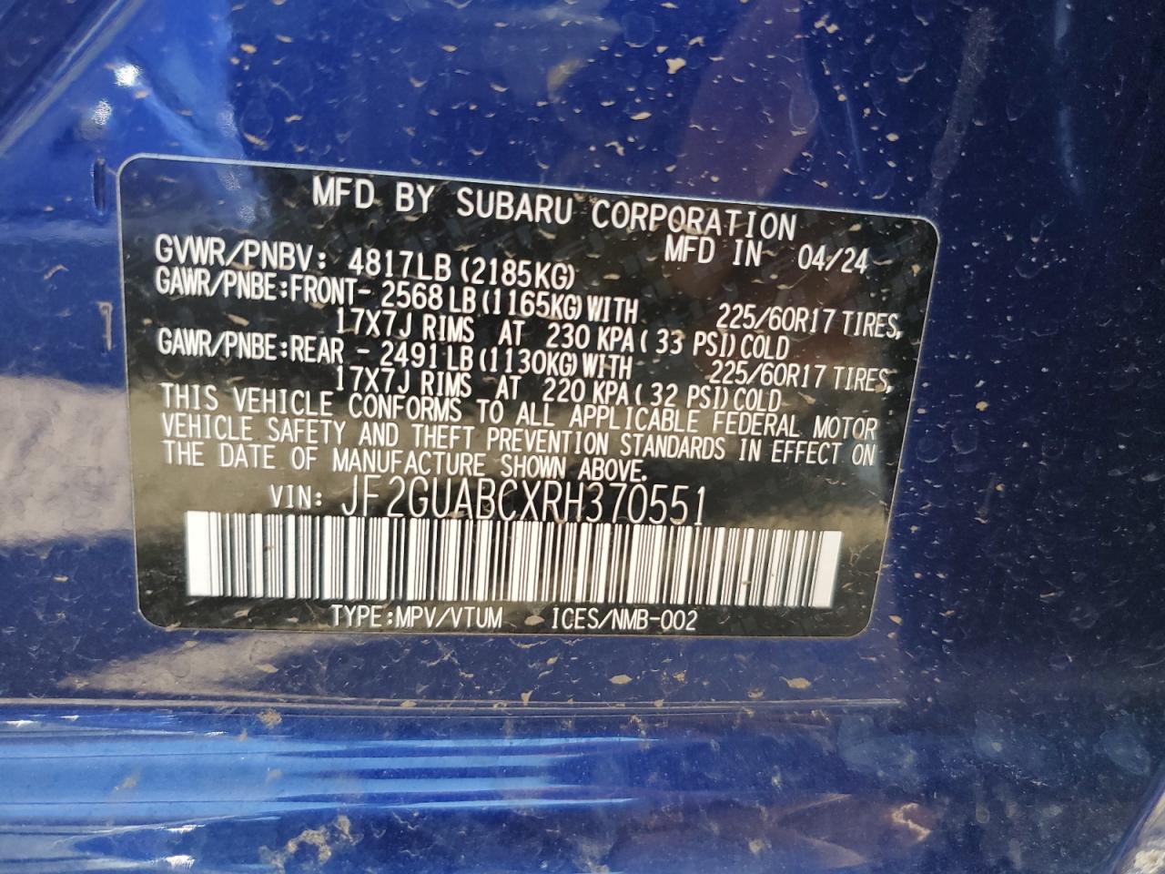 2024 SUBARU CROSSTREK VIN:JF2GUABCXRH370551