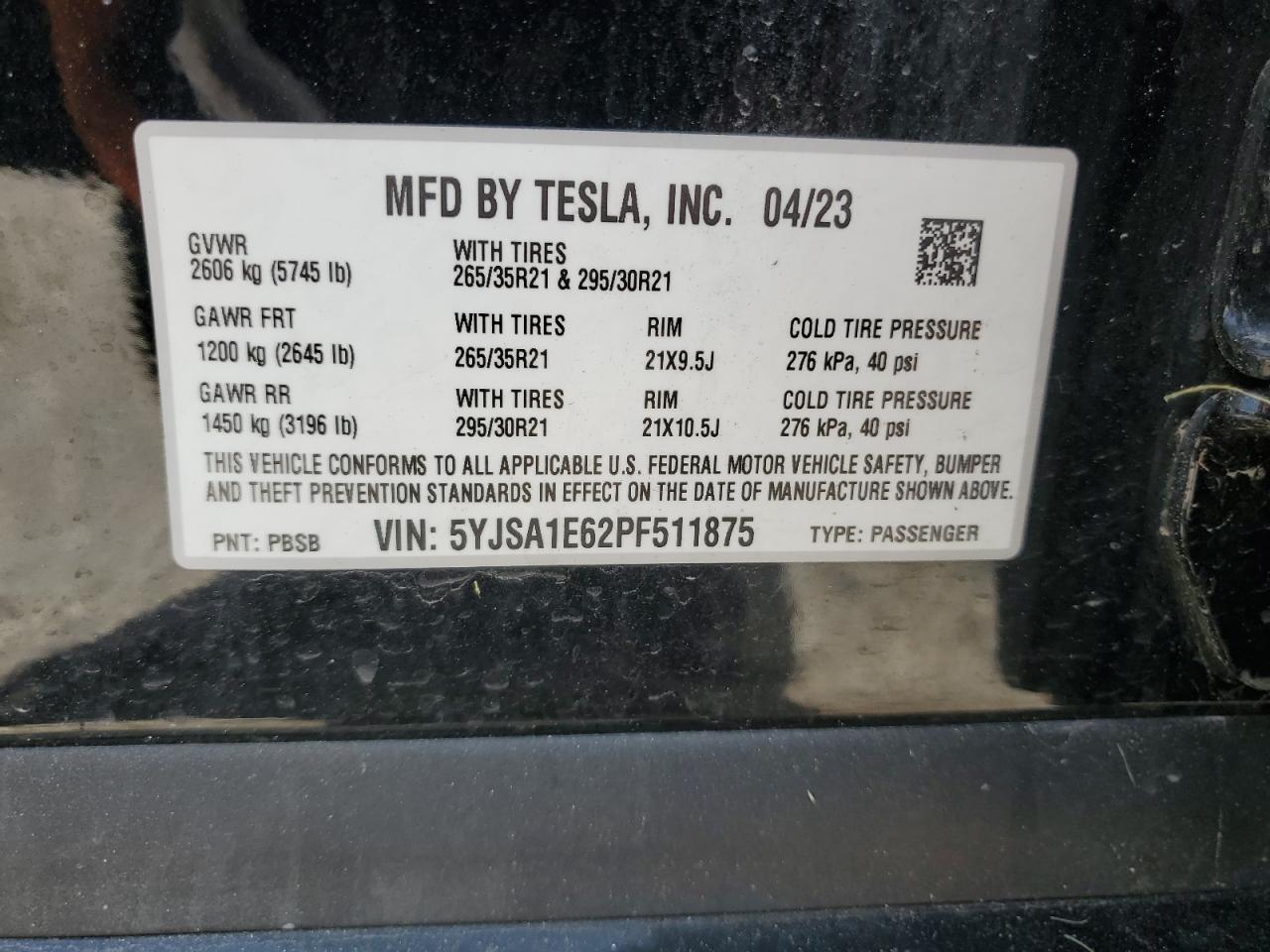 2023 TESLA MODEL S VIN:5YJSA1E62PF511875