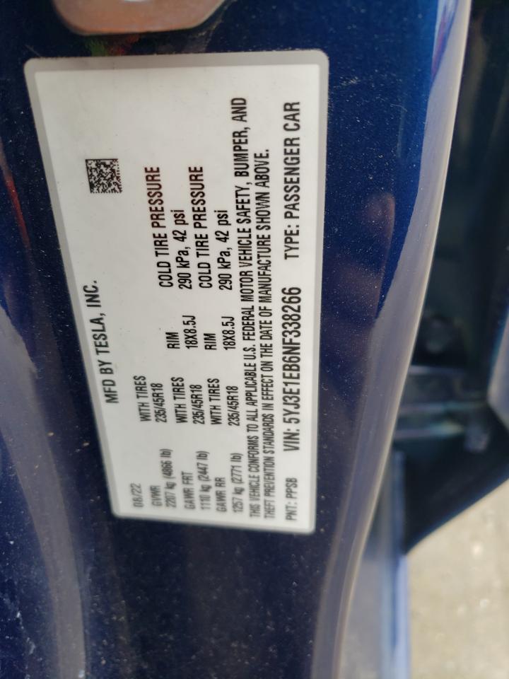 2022 TESLA MODEL 3 VIN:5YJ3E1EB6NF338266