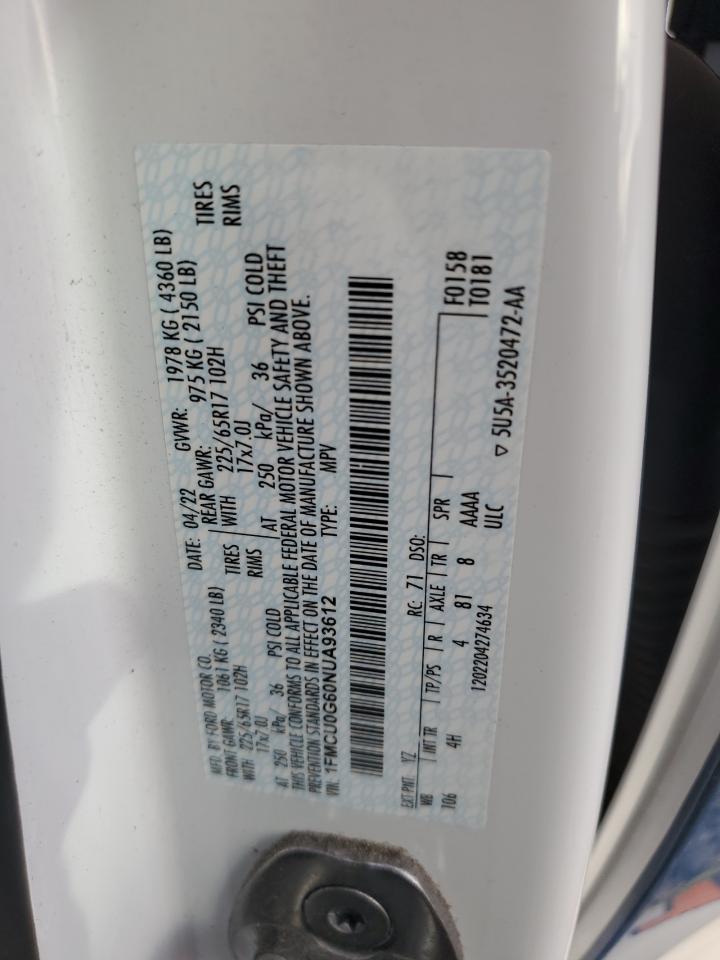 2022 FORD ESCAPE SE VIN:1FMCU0G60NUA93612