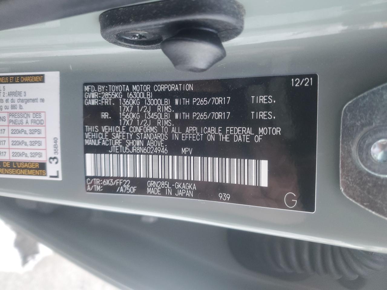 2022 TOYOTA 4RUNNER TRAIL VIN:JTETU5JR8N6024946