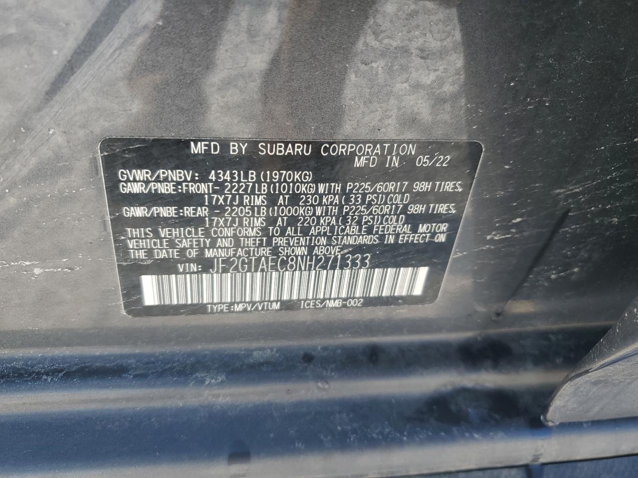 2022 SUBARU CROSSTREK PREMIUM VIN:JF2GTAEC8NH271333