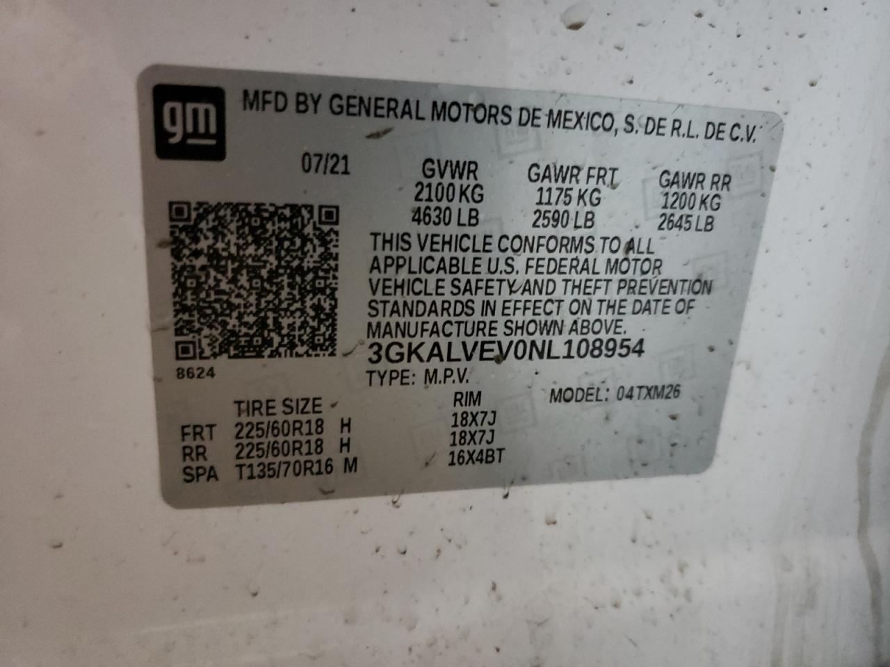 2022 GMC TERRAIN SLT VIN:3GKALVEV0NL108954