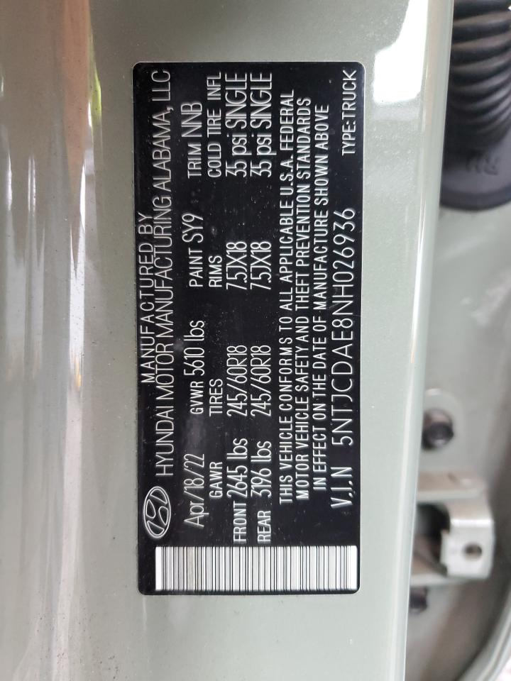 2022 HYUNDAI SANTA CRUZ SEL VIN:5NTJCDAE8NH026936