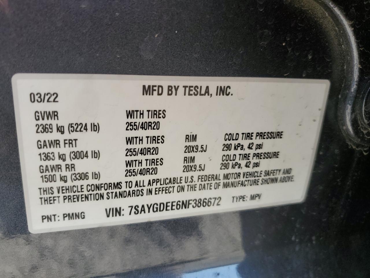 2022 TESLA MODEL Y VIN:WP0AA2A8XNS255297
