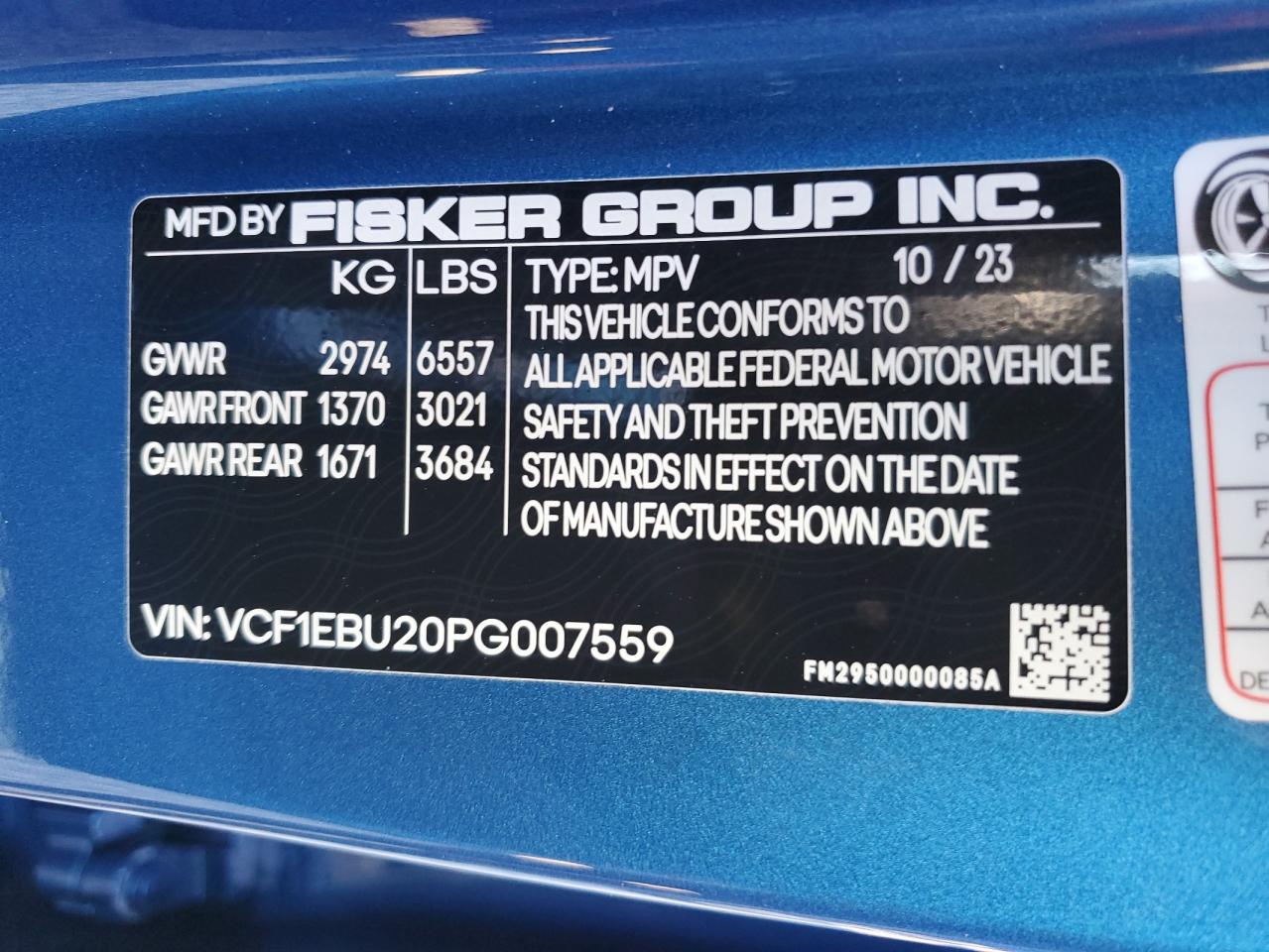 2023 FISKER INC. OCEAN EXTREME VIN:VCF1EBU20PG007559