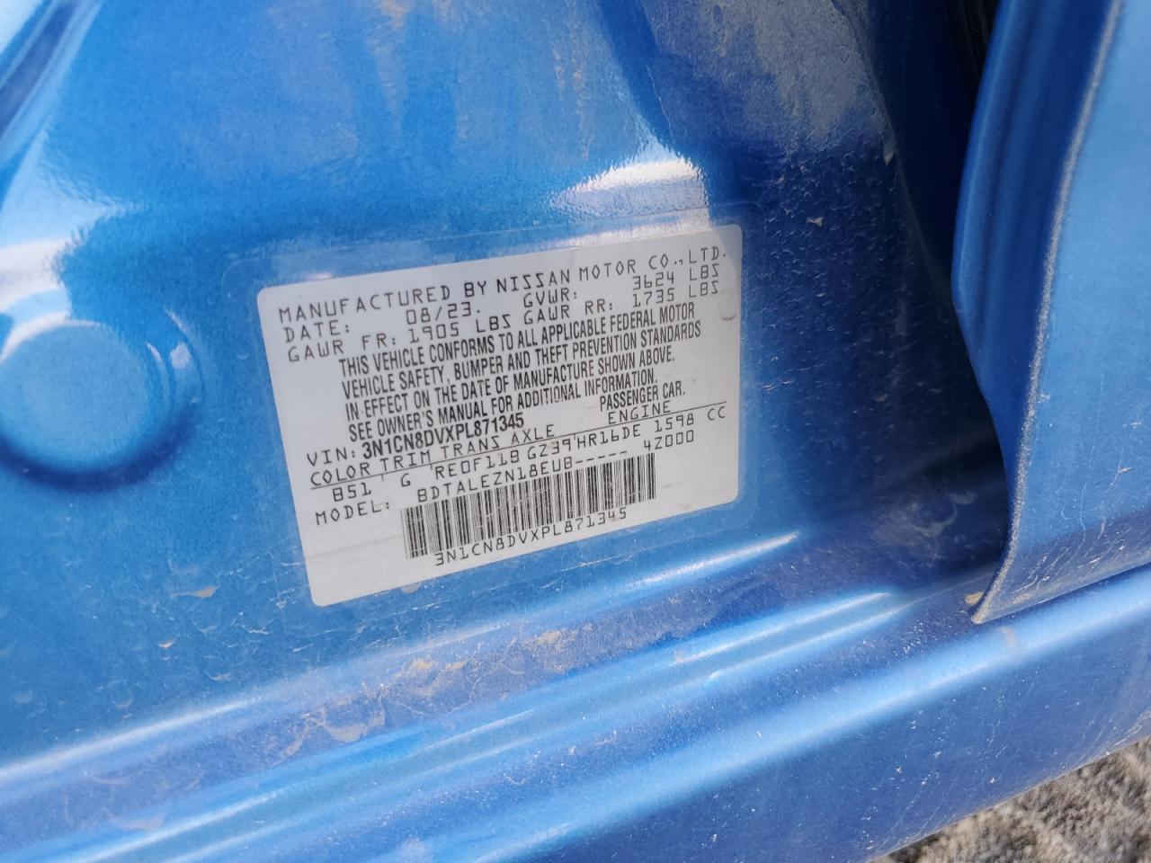 2023 NISSAN VERSA S VIN:3N1CN8DVXPL871345