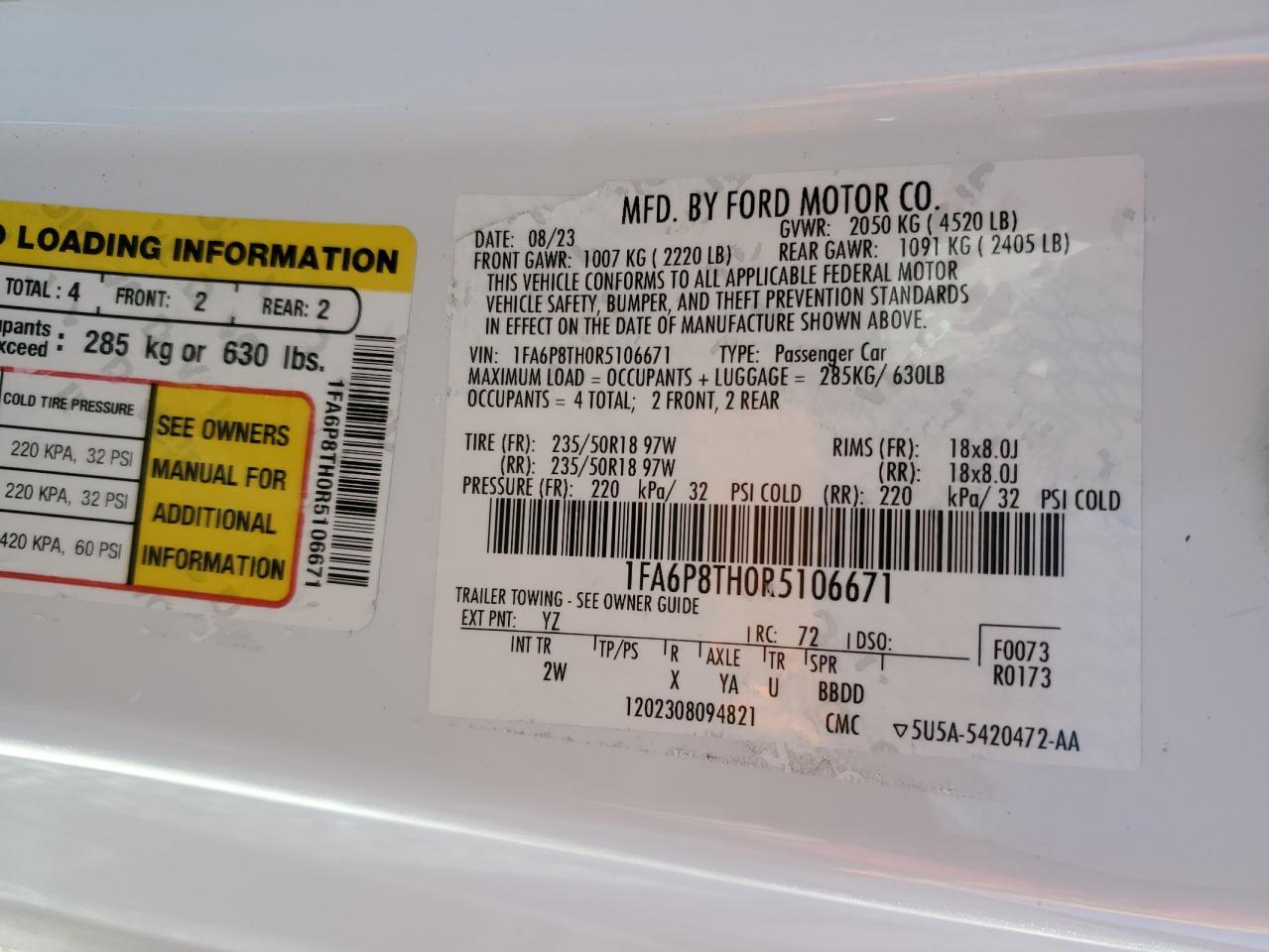 2024 FORD MUSTANG VIN:1FA6P8TH0R5106671