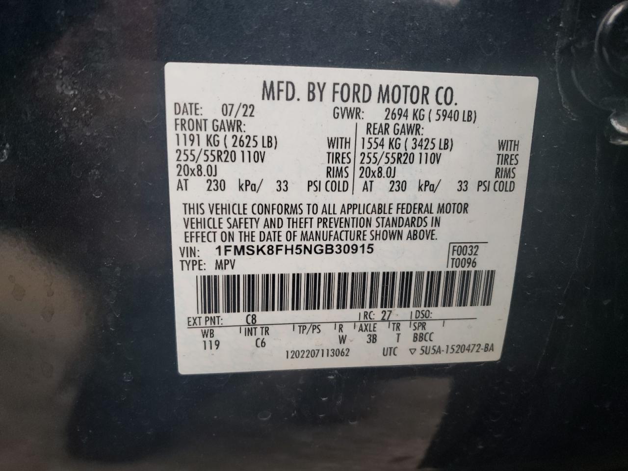 2022 FORD EXPLORER LIMITED VIN:1FMSK8FH5NGB30915