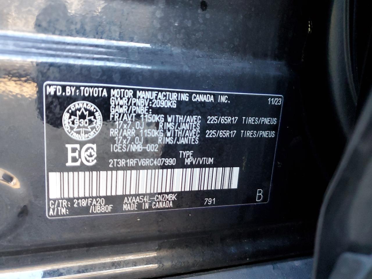 2024 TOYOTA RAV4 XLE VIN:2T3R1RFV6RC407990