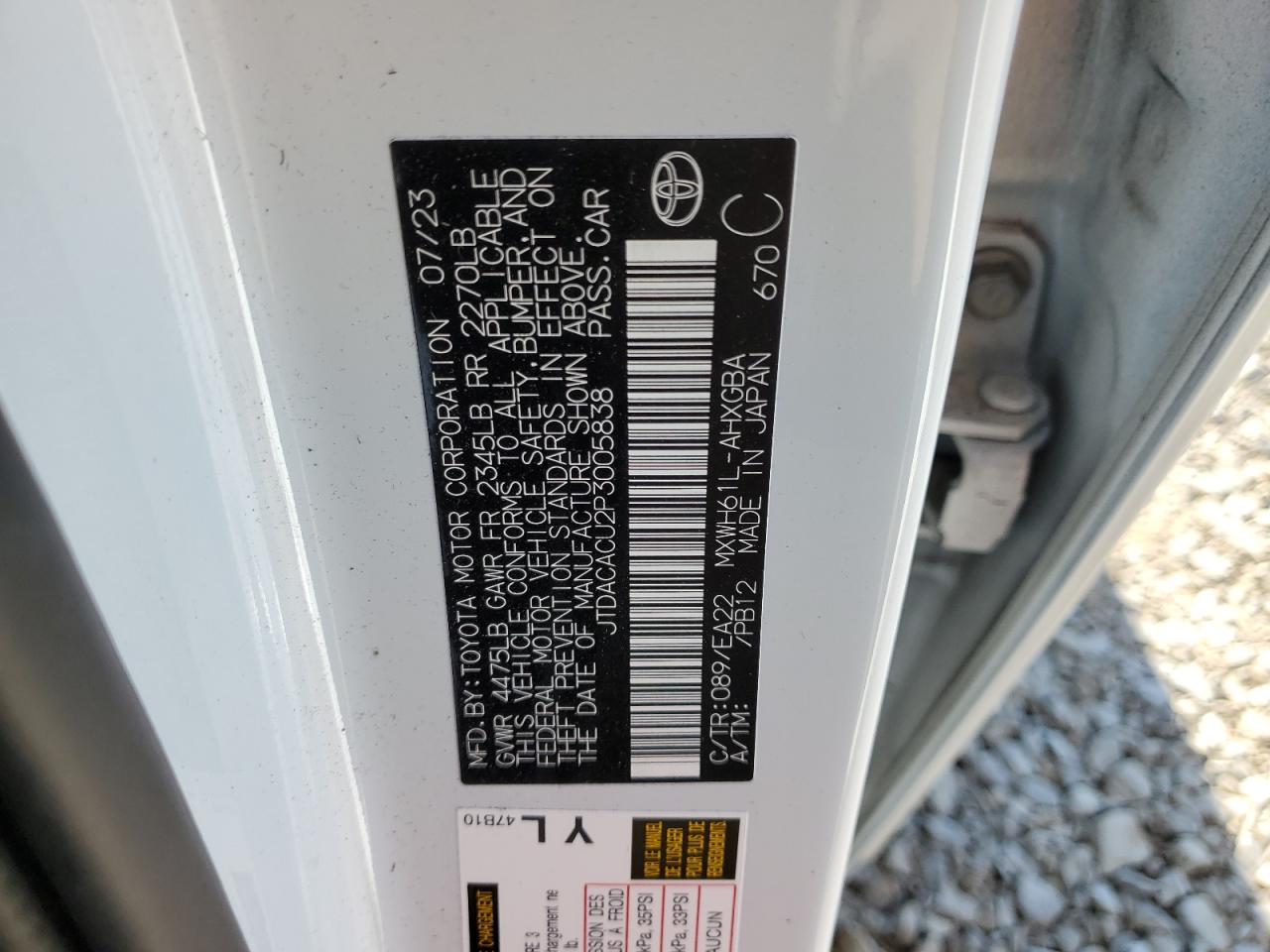 2023 TOYOTA PRIUS PRIME SE VIN:JTDACACU2P3005838