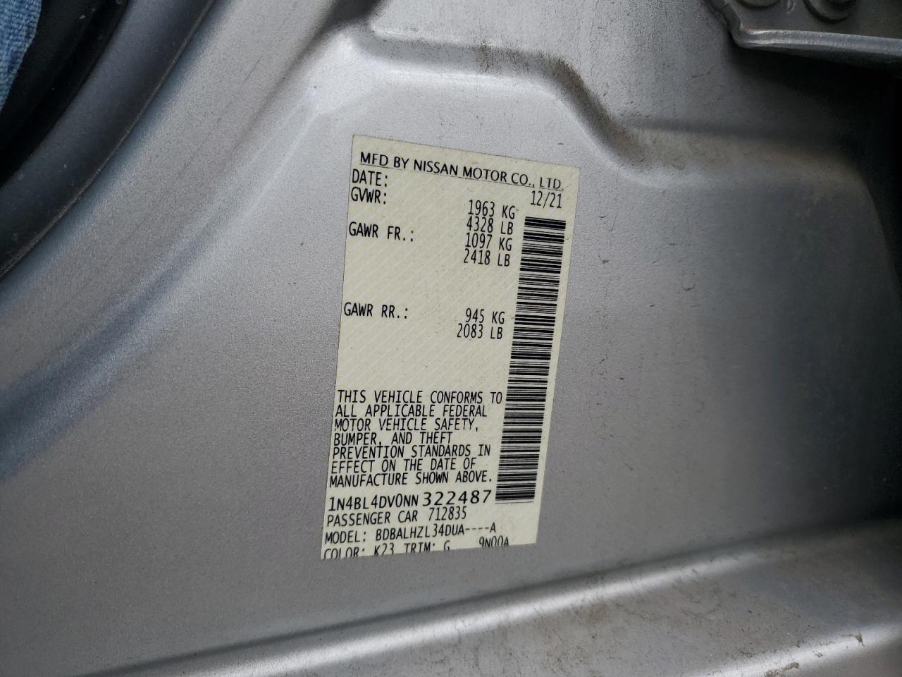 2022 NISSAN ALTIMA SV VIN:1N4BL4DV0NN322487