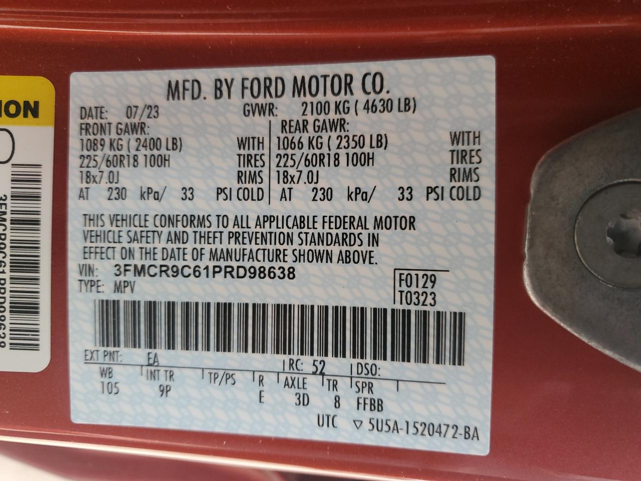 2023 FORD BRONCO SPORT OUTER BANKS VIN:3FMCR9C61PRD98638