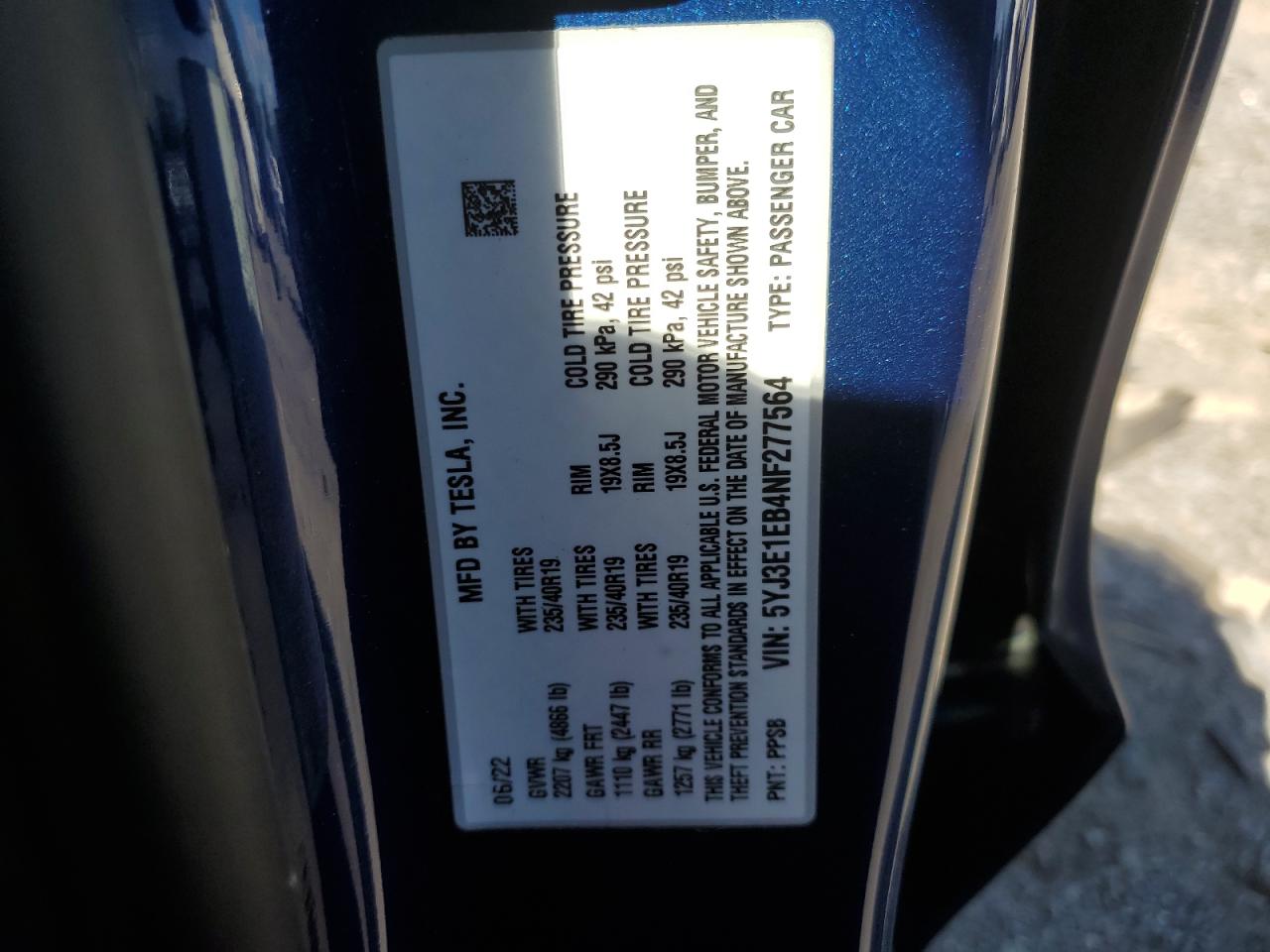 2022 TESLA MODEL 3 VIN:5YJ3E1EB4NF277564