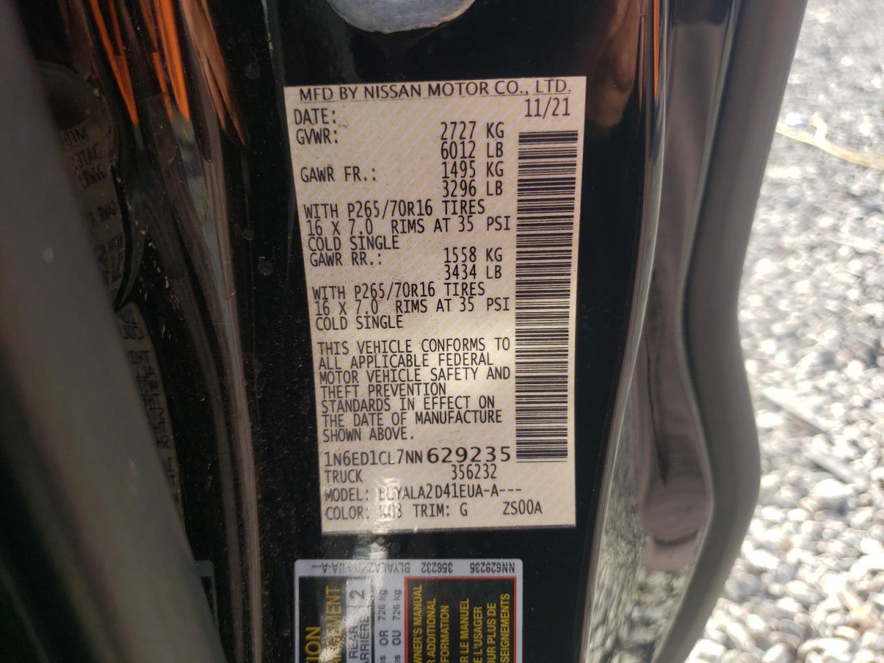 2022 NISSAN FRONTIER S VIN:1N6ED1CL7NN629235
