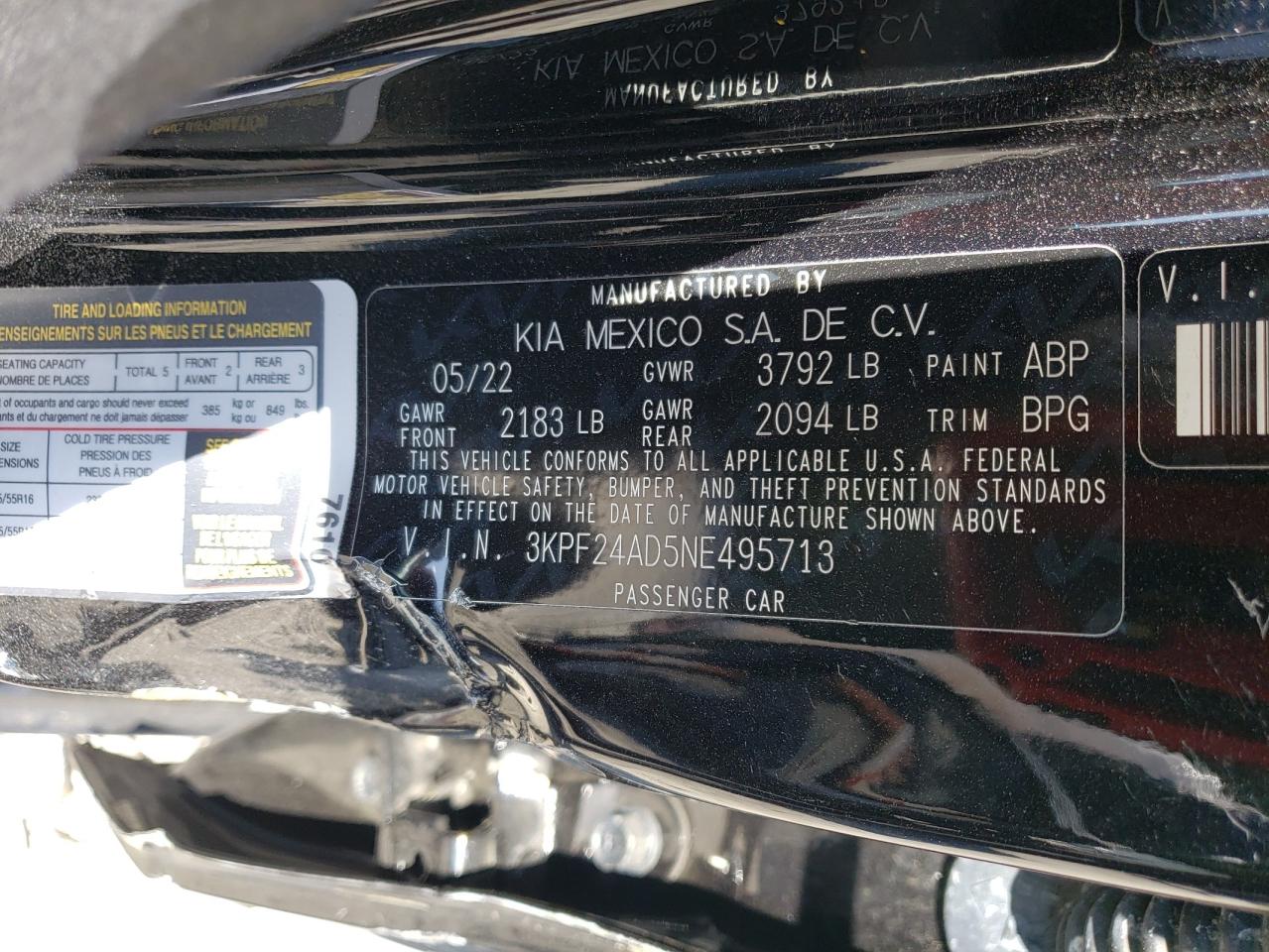 2022 KIA FORTE FE VIN:3KPF24AD5NE495713