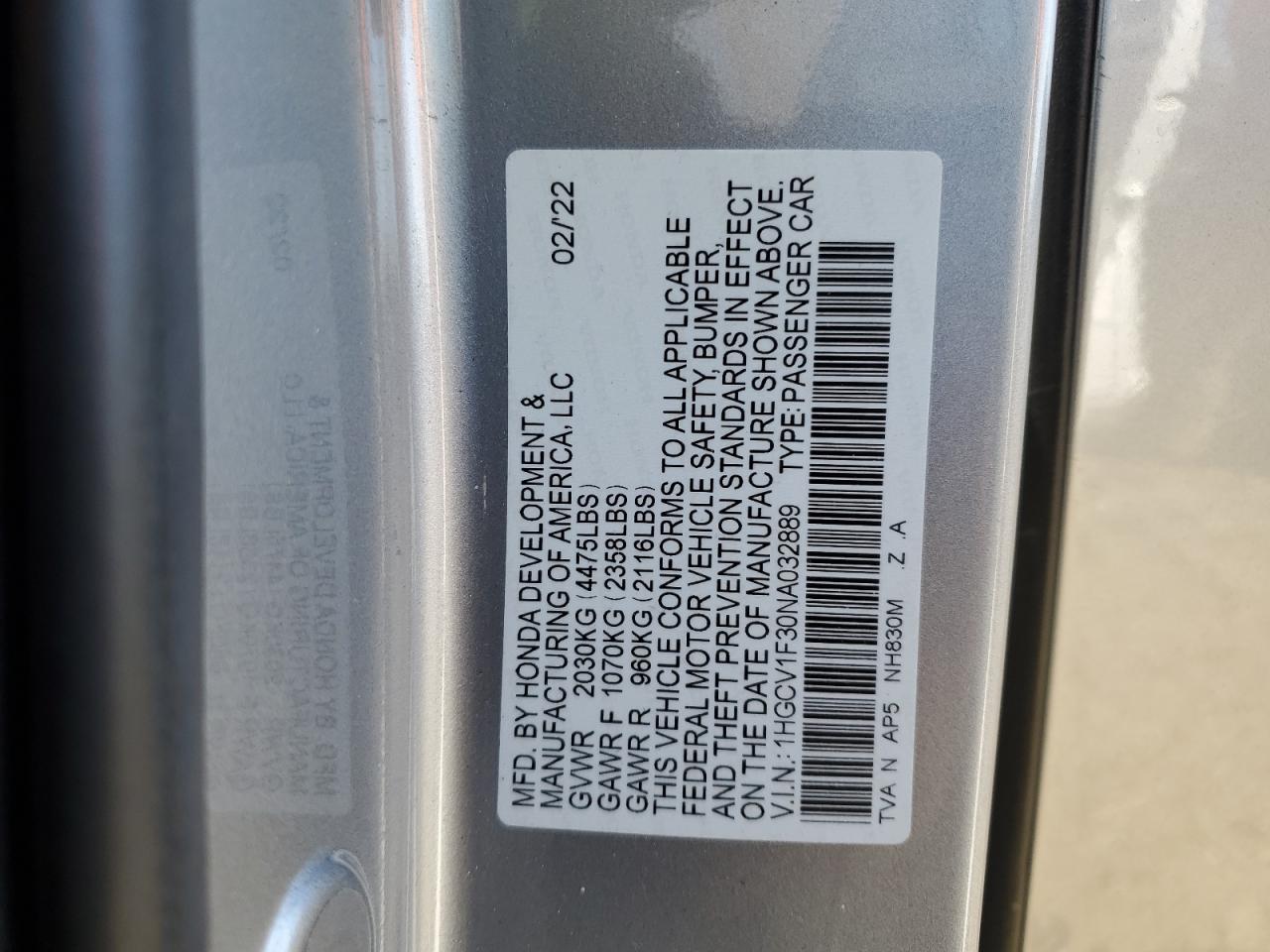 2022 HONDA ACCORD SPORT VIN:1HGCV1F30NA032889