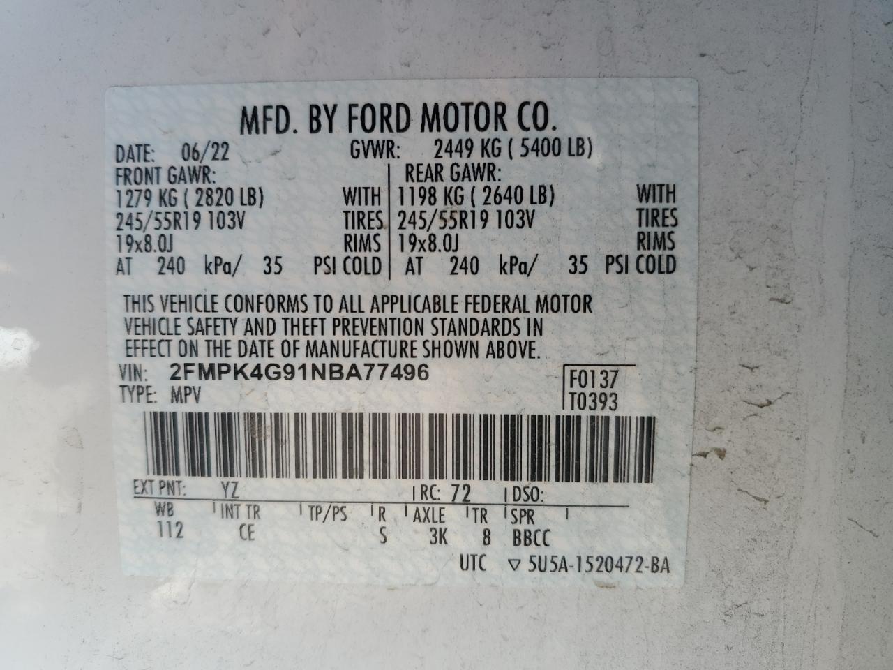 2022 FORD EDGE SE VIN:2FMPK4G91NBA77496