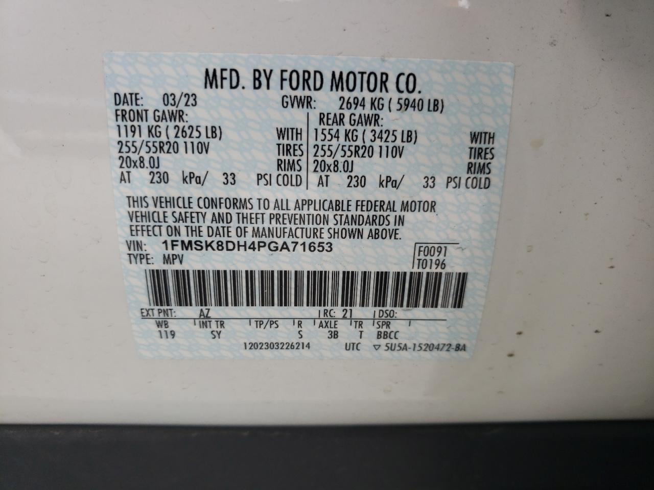 2023 FORD EXPLORER XLT VIN:1FMSK8DH4PGA71653