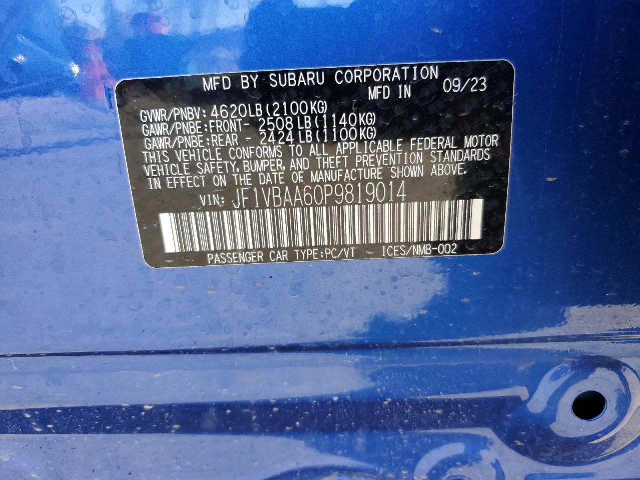 2023 SUBARU WRX VIN:JF1VBAA60P9819014