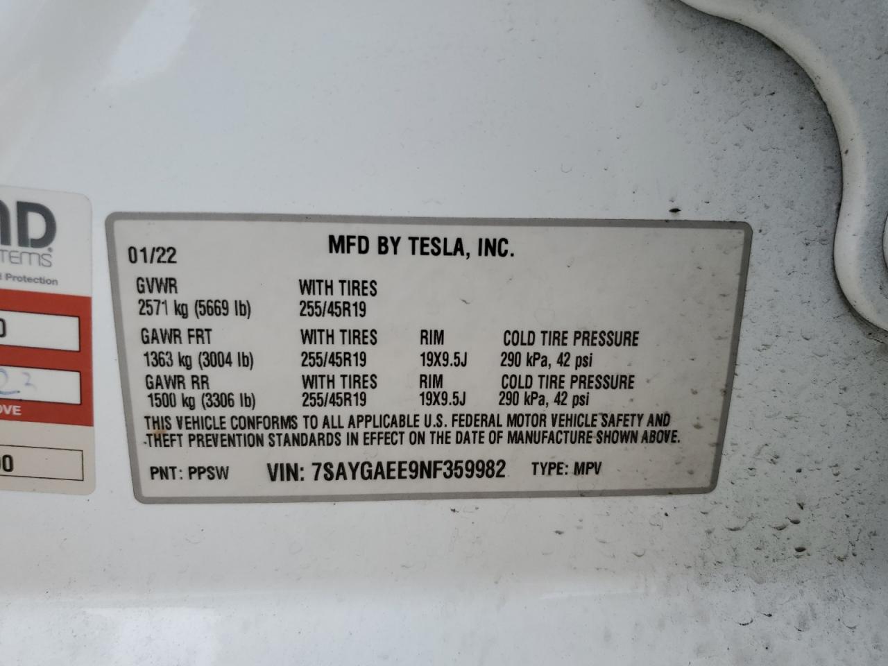 2022 TESLA MODEL Y VIN:7SAYGAEE9NF359982