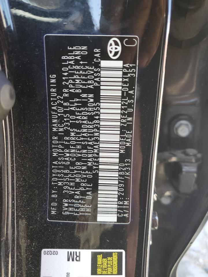 2022 TOYOTA COROLLA LE VIN:5YFEPMAE3NP384355