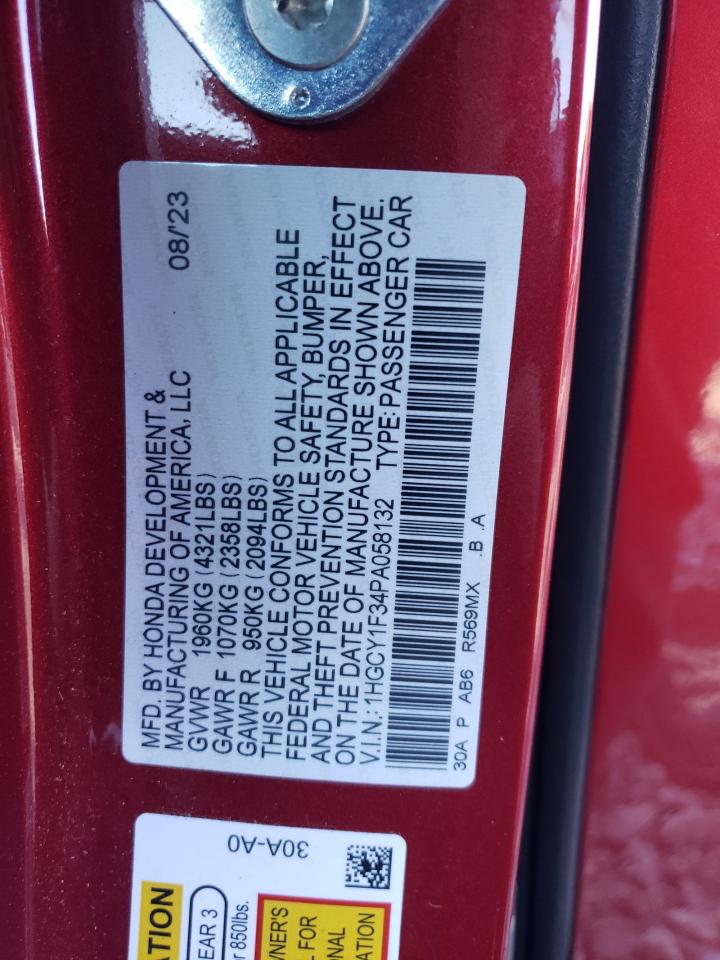 2023 HONDA ACCORD EX VIN:1HGCY1F34PA058132