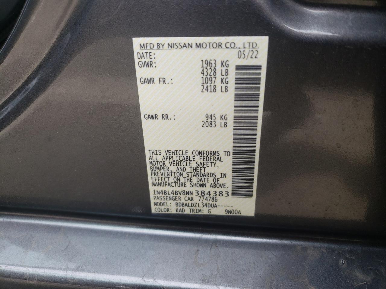 2022 NISSAN ALTIMA S VIN:1N4BL4BV8NN384383