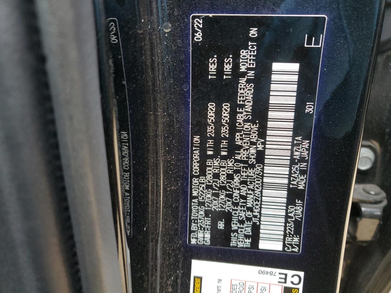 2022 LEXUS NX 350 VIN:JTJHGCEZ6N2007390