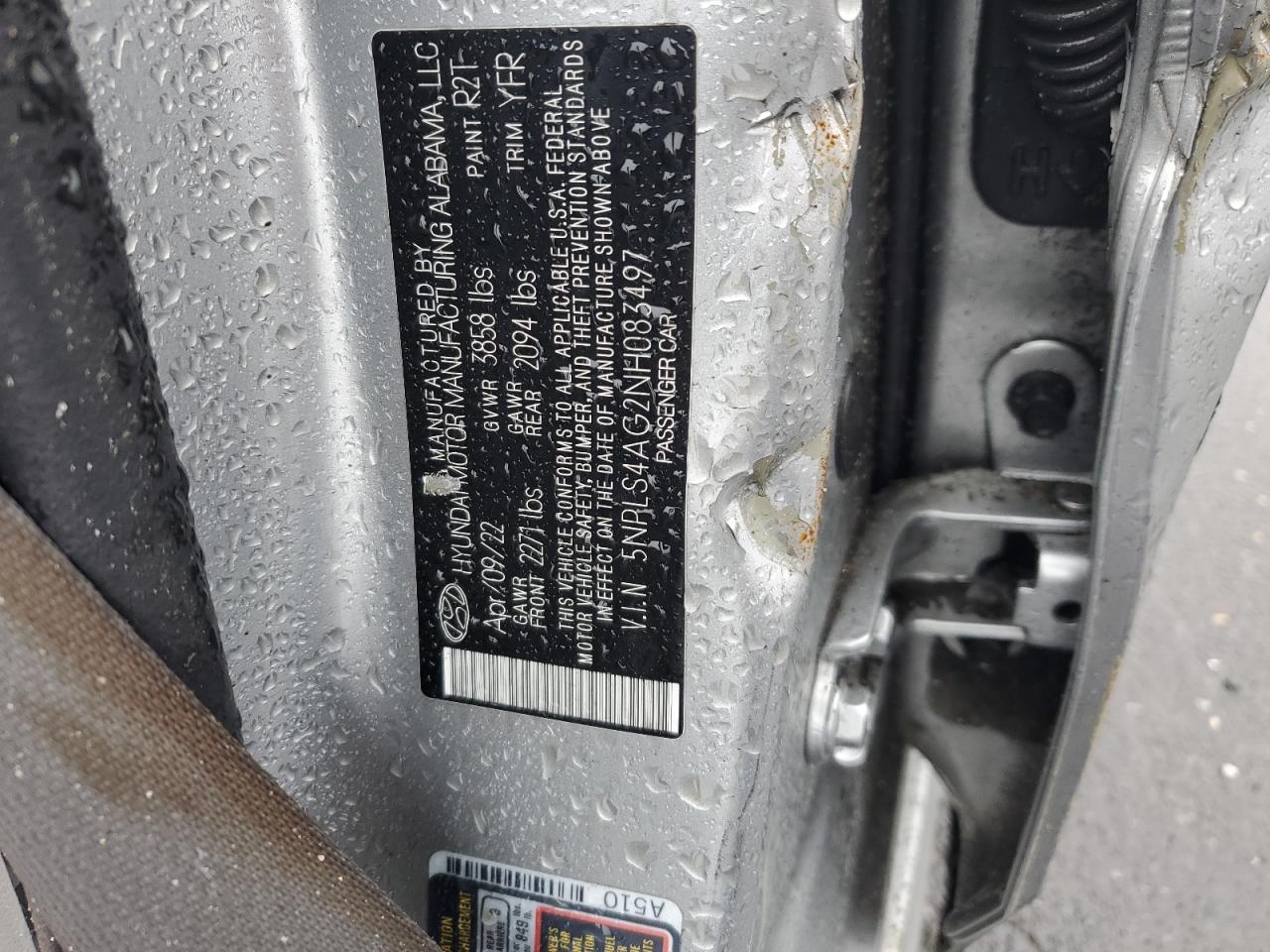 2022 HYUNDAI ELANTRA SEL VIN:5NPLS4AG2NH083497
