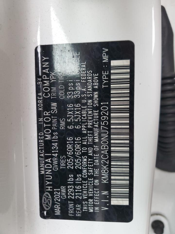 2022 HYUNDAI KONA SEL VIN:KM8K2CAB0NU759201