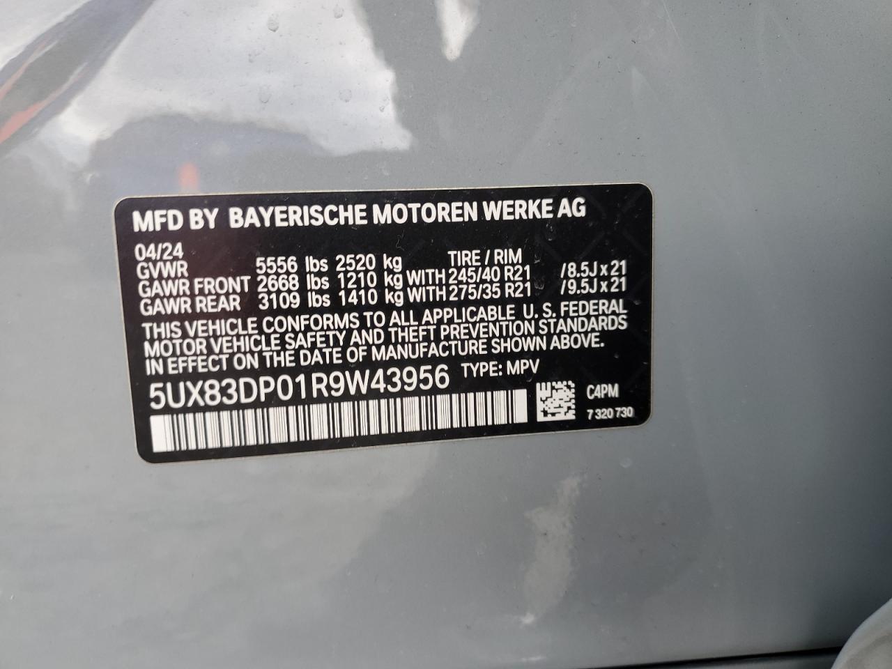 2024 BMW X3 M40I VIN:5UX83DP01R9W43956