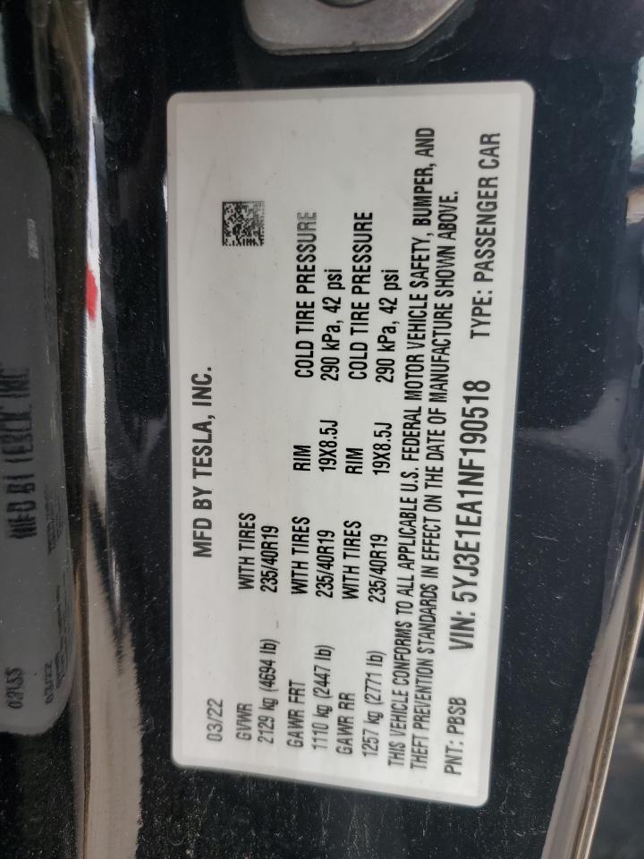 2022 TESLA MODEL 3 VIN:5YJ3E1EA1NF190518