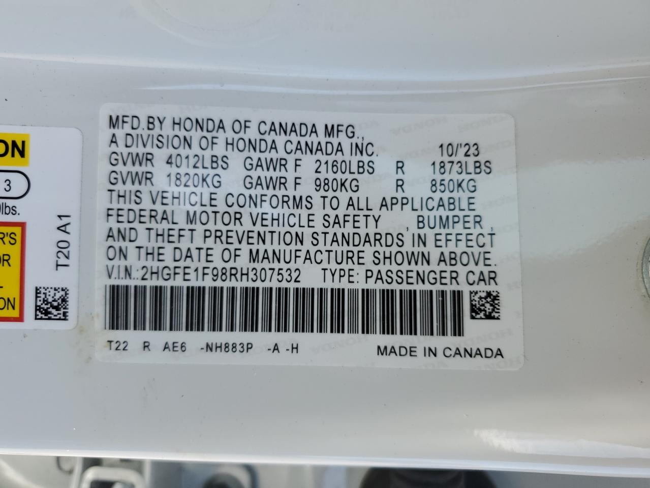 2024 HONDA CIVIC TOURING VIN:2HGFE1F98RH307532