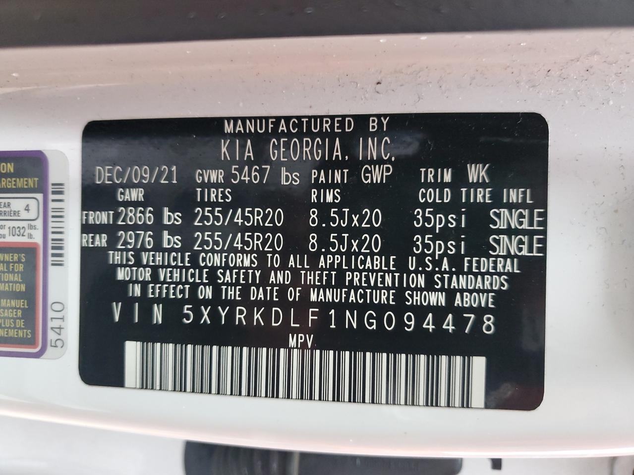 2022 KIA SORENTO SX VIN:5XYRKDLF1NG094478