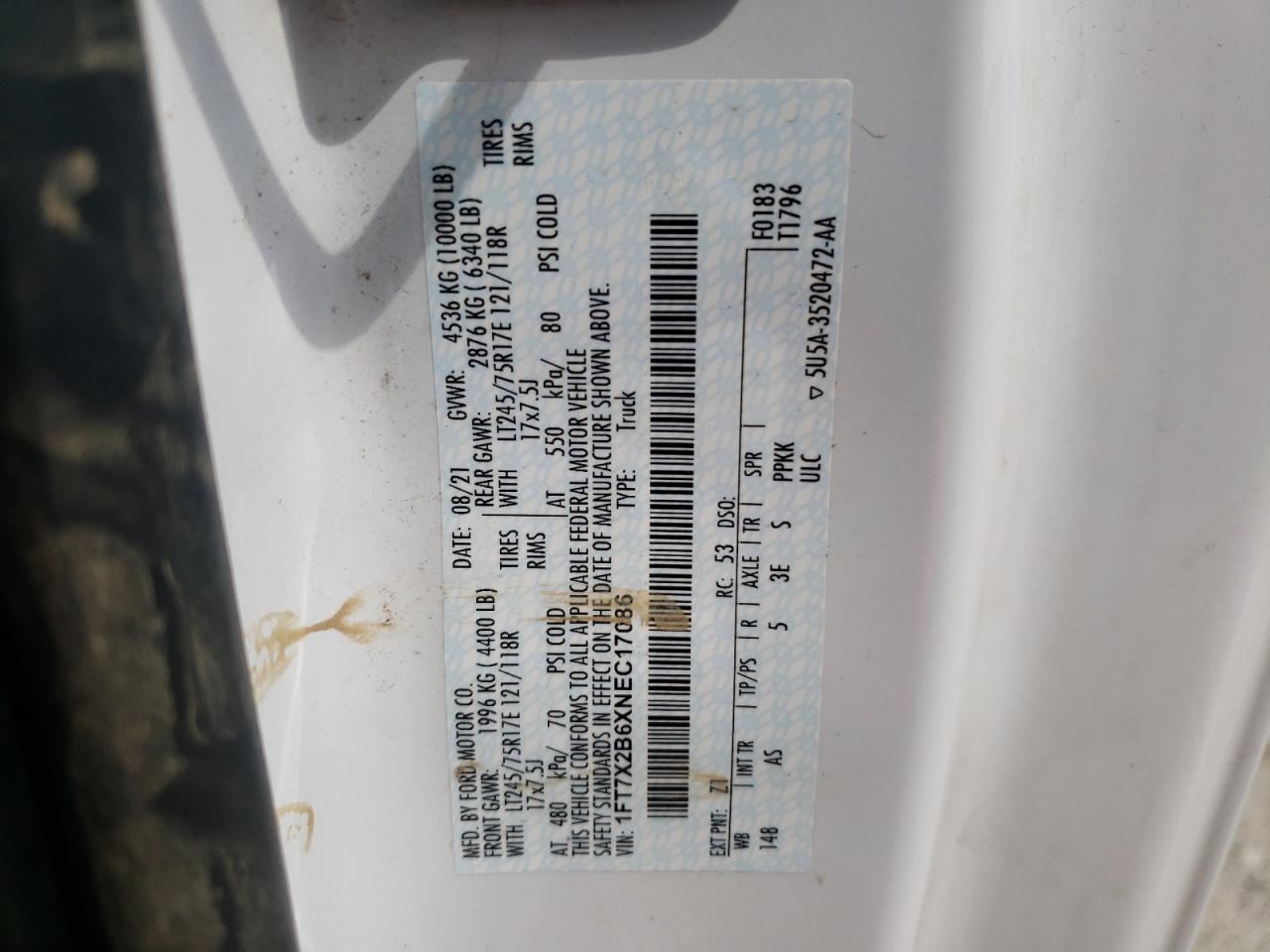 2022 FORD F250 SUPER DUTY VIN:1FT7X2B6XNEC17086