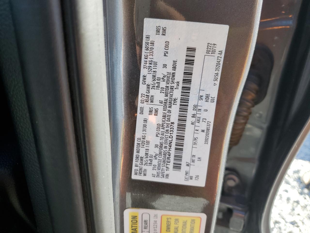 2022 FORD RANGER XL VIN:1FTER4FH4NLD13378
