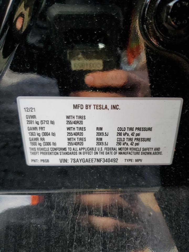 2022 TESLA MODEL Y VIN:7SAYGAEE7NF340492