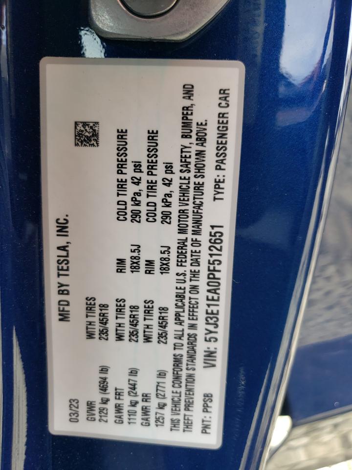2023 TESLA MODEL 3 VIN:5YJ3E1EA0PF512651
