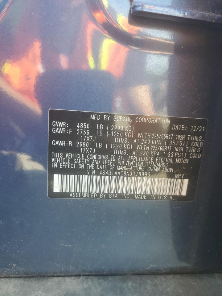 2022 SUBARU OUTBACK VIN:4S4BTAAC8N3178996