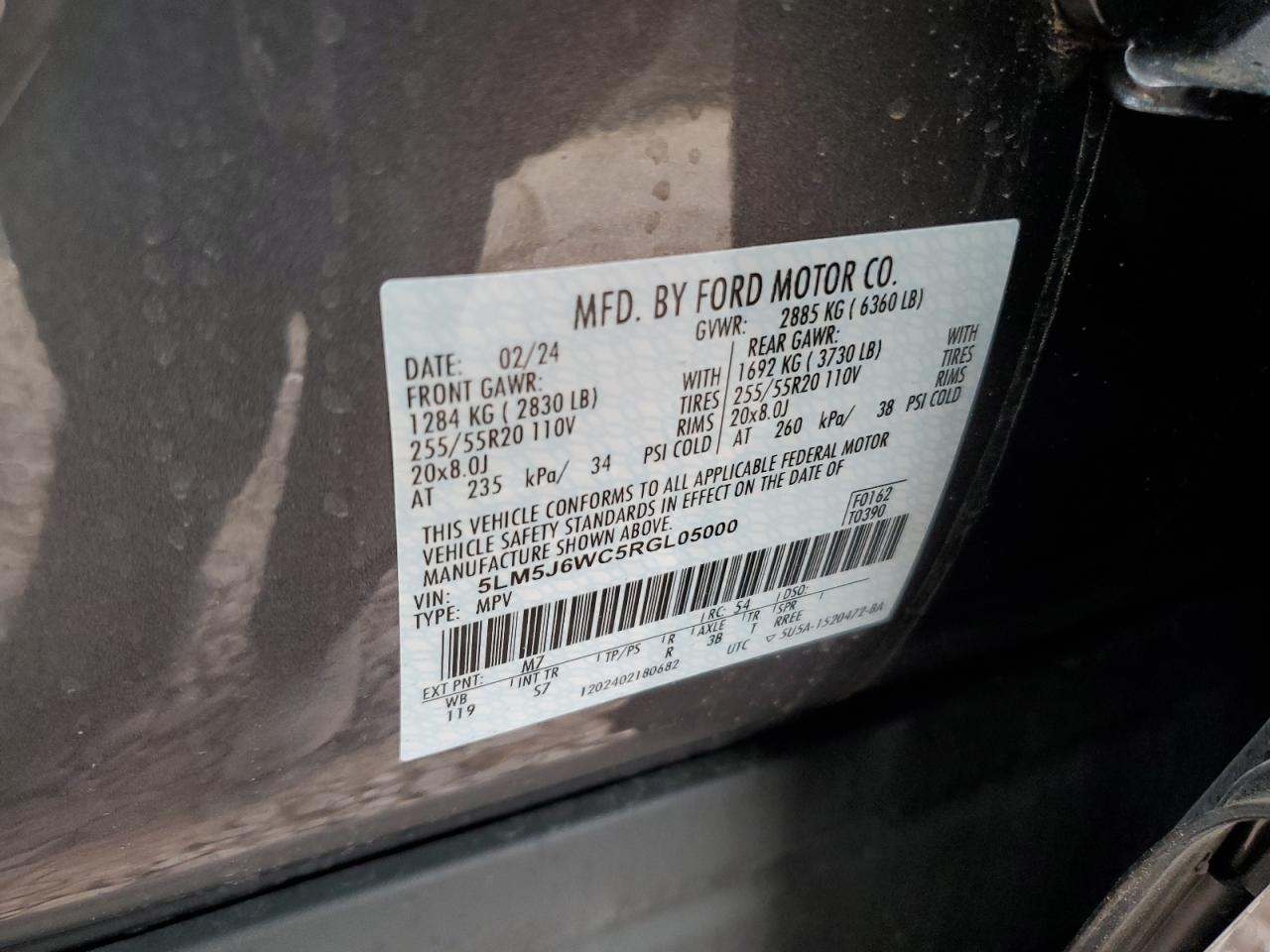 2024 LINCOLN AVIATOR VIN:5LM5J6WC5RGL05000