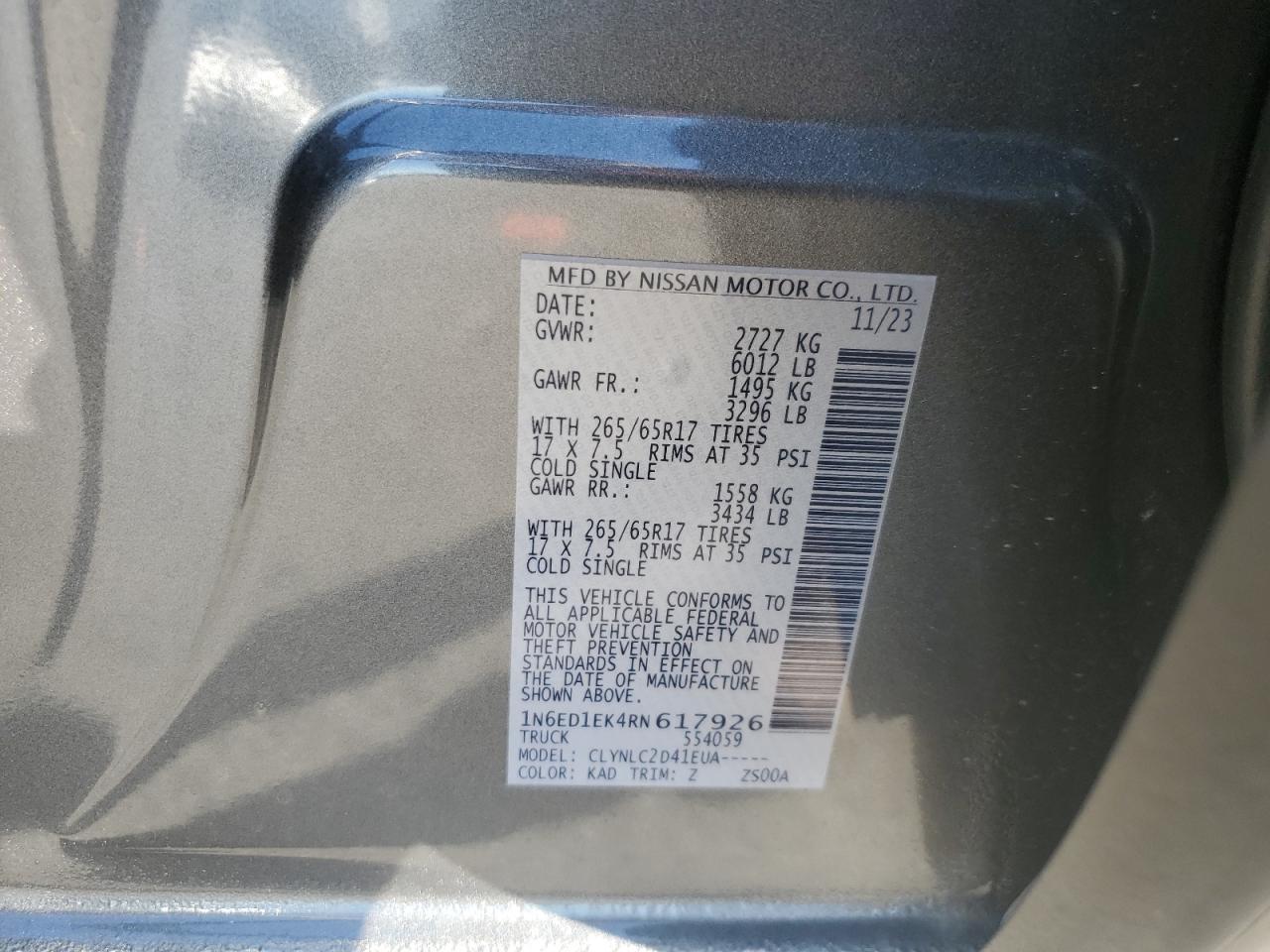 2024 NISSAN FRONTIER S VIN:1N6ED1EK4RN617926