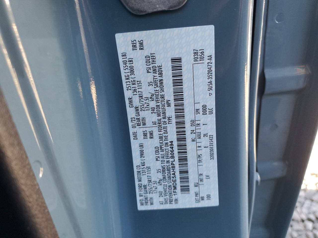 2023 FORD BRONCO BASE VIN:1FMDE5AH8PLB06494