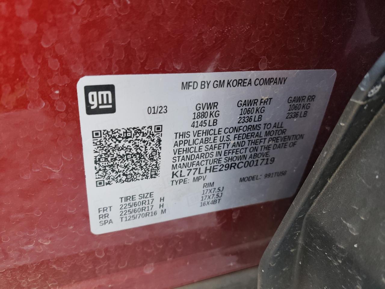 2024 CHEVROLET TRAX 1LT VIN:KL77LHE29RC001719