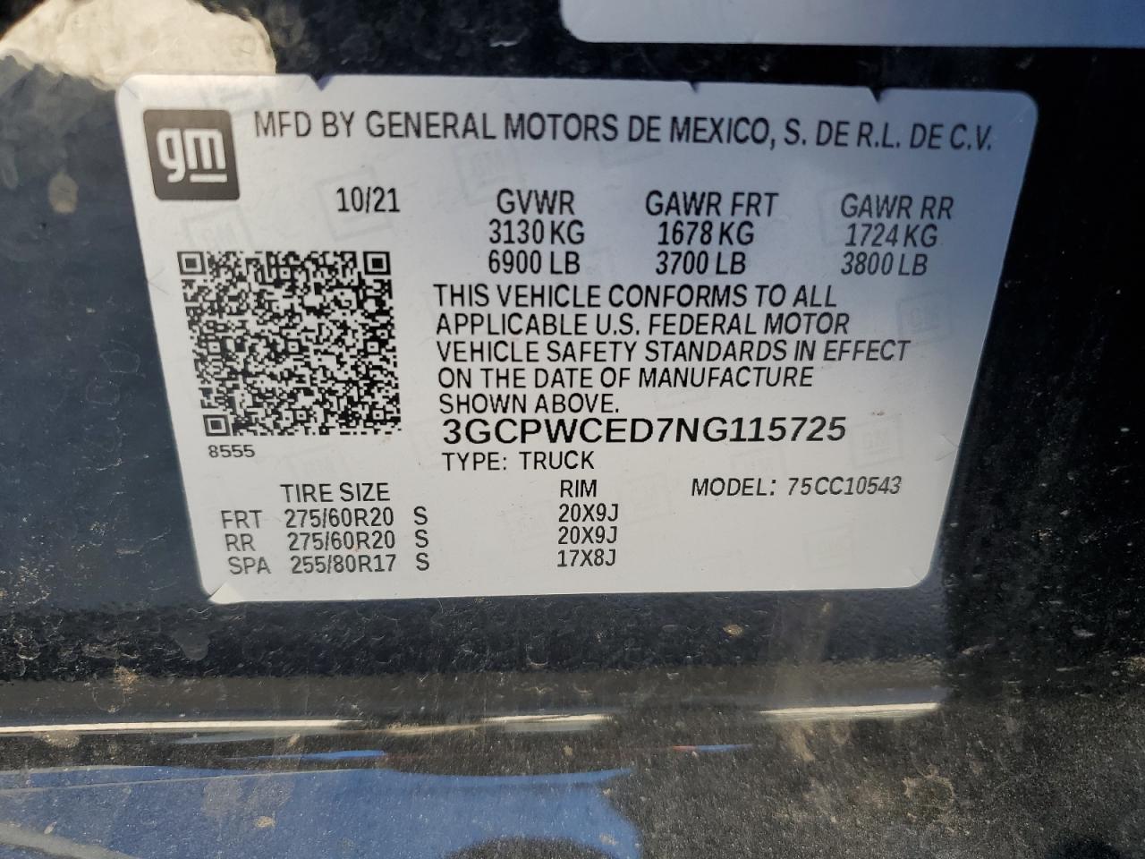 2022 CHEVROLET SILVERADO LTD C1500 LT VIN:3GCPWCED7NG115725