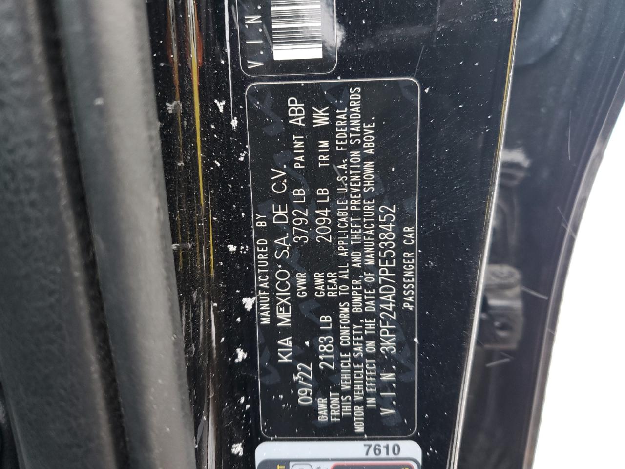 2023 KIA FORTE LX VIN:3KPF24AD7PE538452