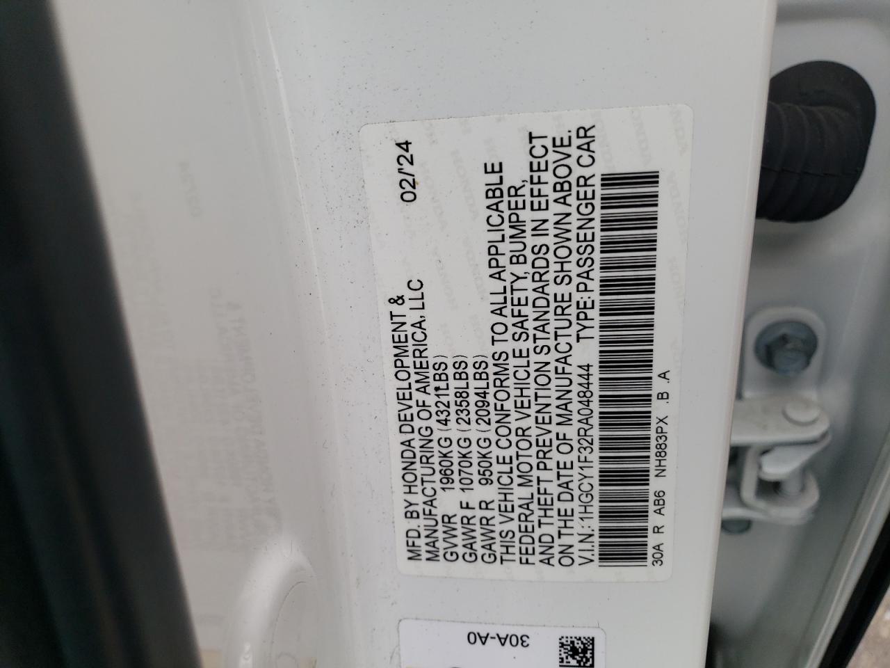 2024 HONDA ACCORD EX VIN:1HGCY1F32RA048444