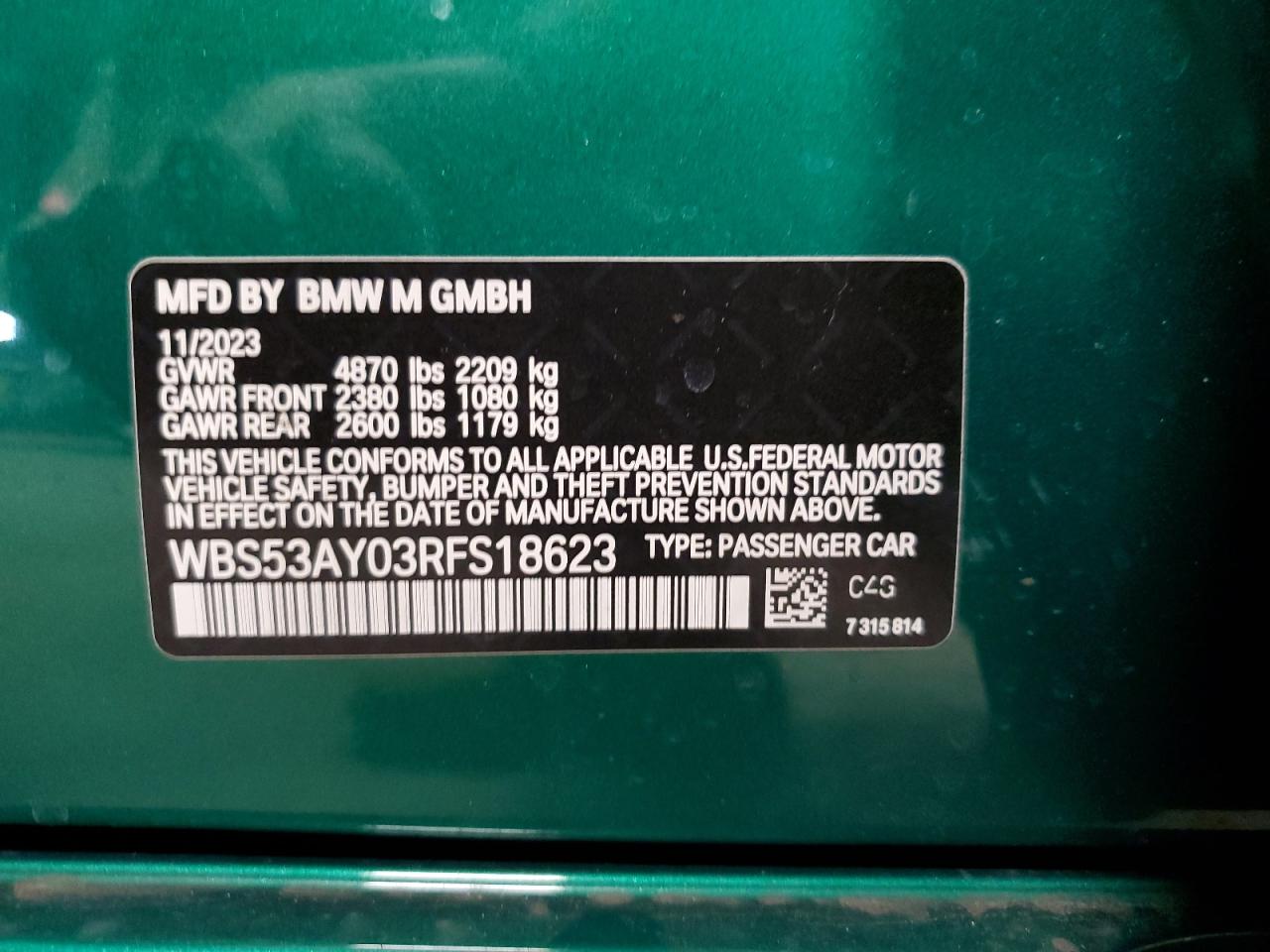 2024 BMW M3 VIN:WBS53AY03RFS18623